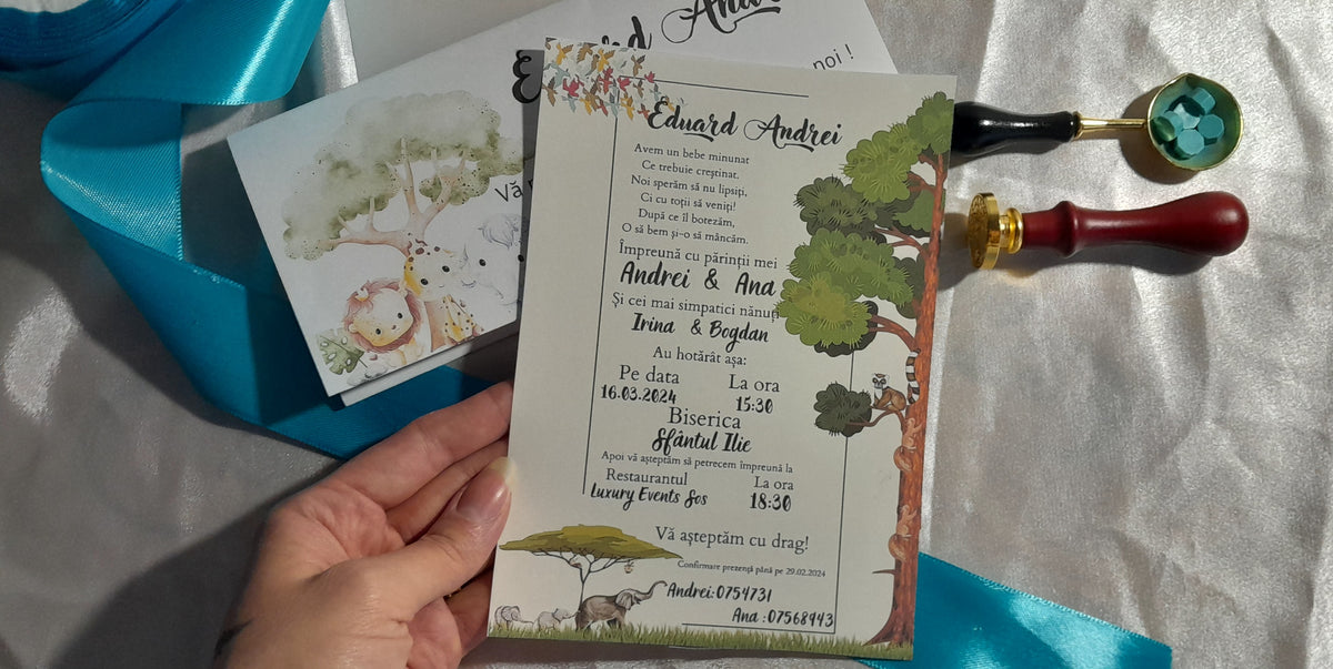 Invitație de botez cu tematică safari și animale ilustrate