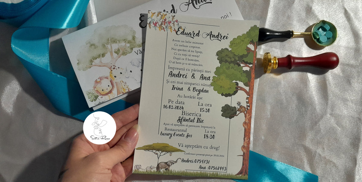 Invitație de botez cu tematică safari și animale ilustrate