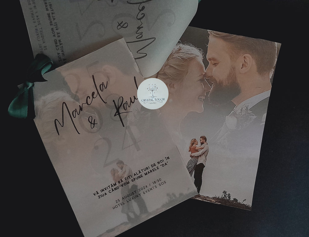 Invitație de nuntă personalizată cu fotografie și foiță translucidă