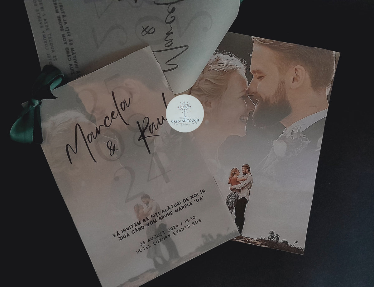 Invitație de nuntă personalizată cu fotografie și foiță translucidă