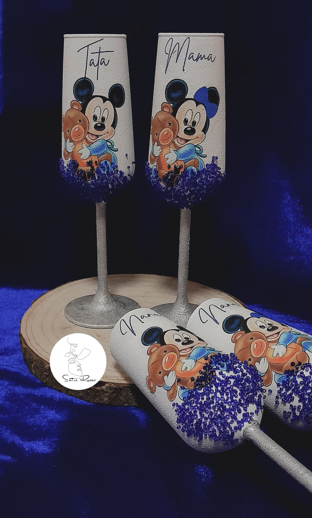 Pahar pentru botez cu Baby Mickey și decor albastru