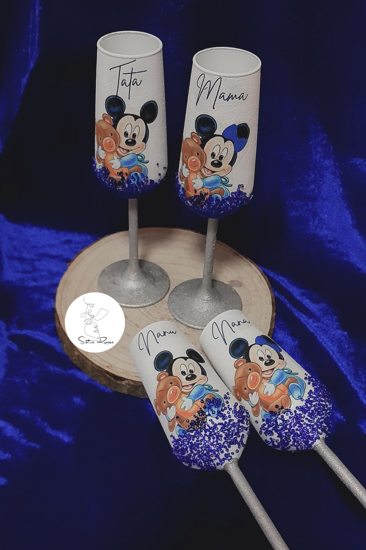 Pahar pentru botez cu Baby Mickey și decor albastru