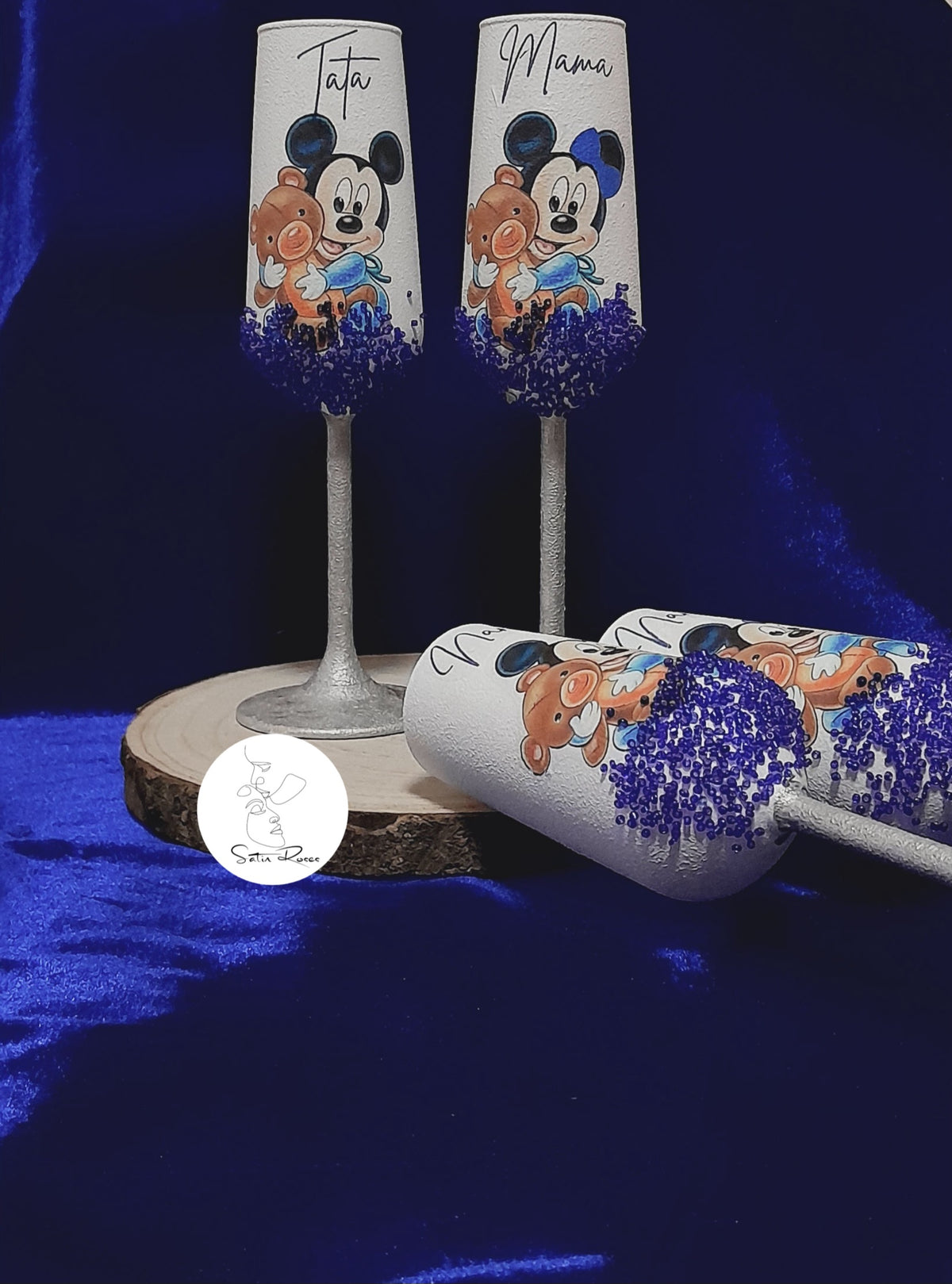 Pahar pentru botez cu Baby Mickey și decor albastru