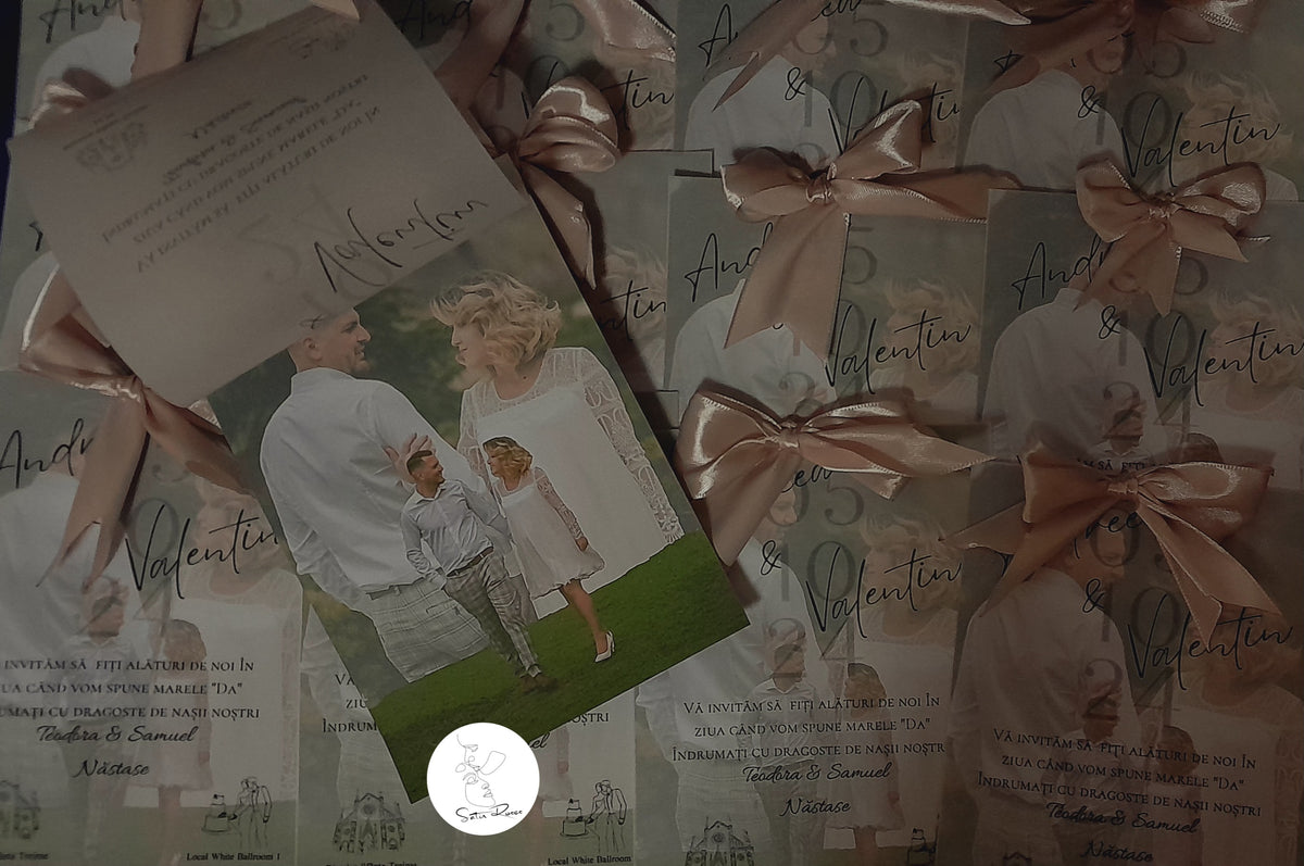 Invitație de nuntă personalizată cu fotografie și foiță translucidă
