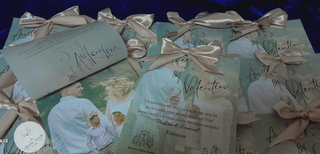 Invitație de nuntă personalizată cu fotografie și foiță translucidă