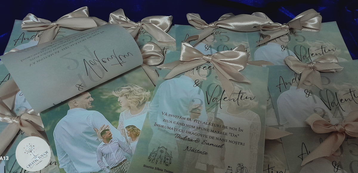Invitație de nuntă personalizată cu fotografie și foiță translucidă