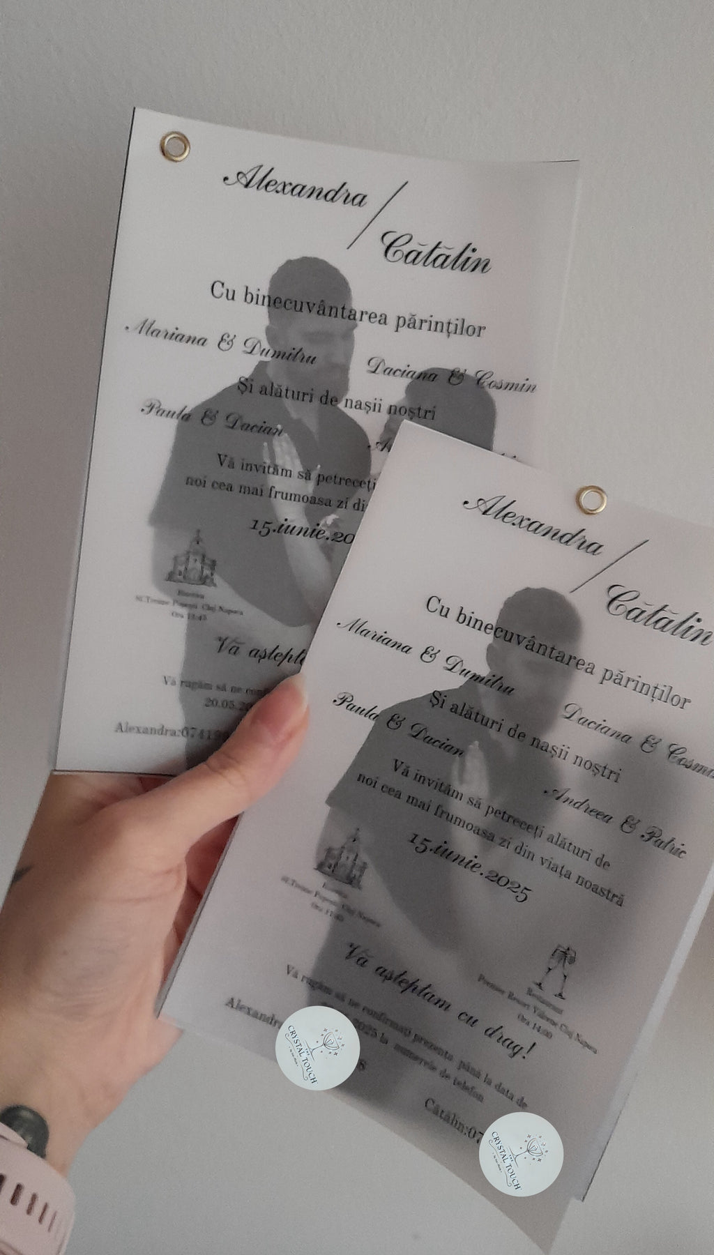 Invitație de nuntă personalizată cu fotografie și foiță translucidă