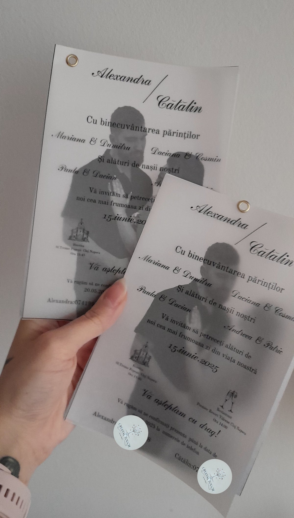 Invitație de nuntă personalizată cu fotografie și foiță translucidă