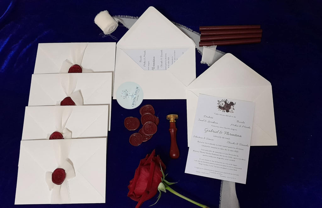 Invitație de nuntă cu plic alb și sigiliu bordo