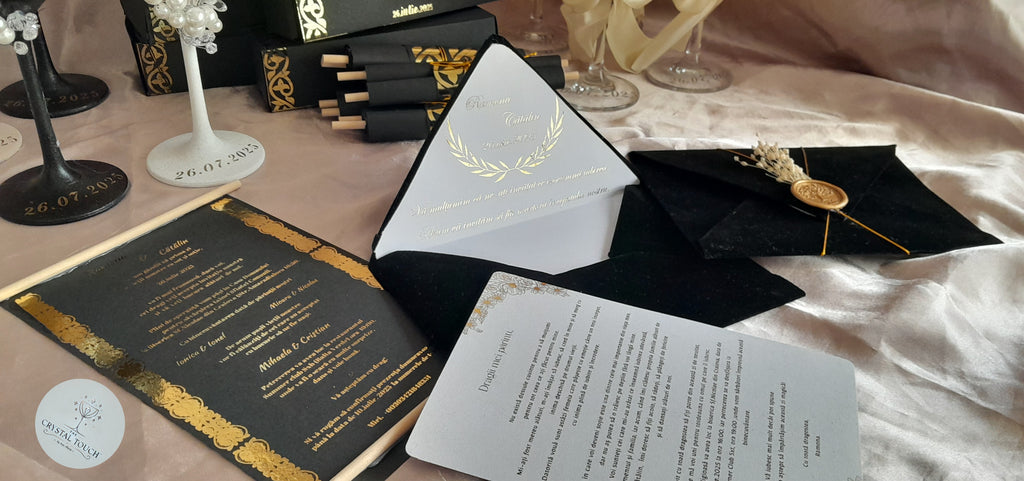 Invitație specială pentru nași, părinți sau rude apropiate, cu plic negru și sigiliu