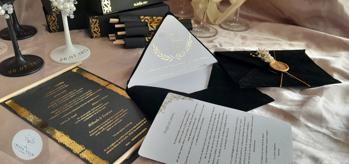 Invitație specială pentru nași, părinți sau rude apropiate, cu plic negru și sigiliu