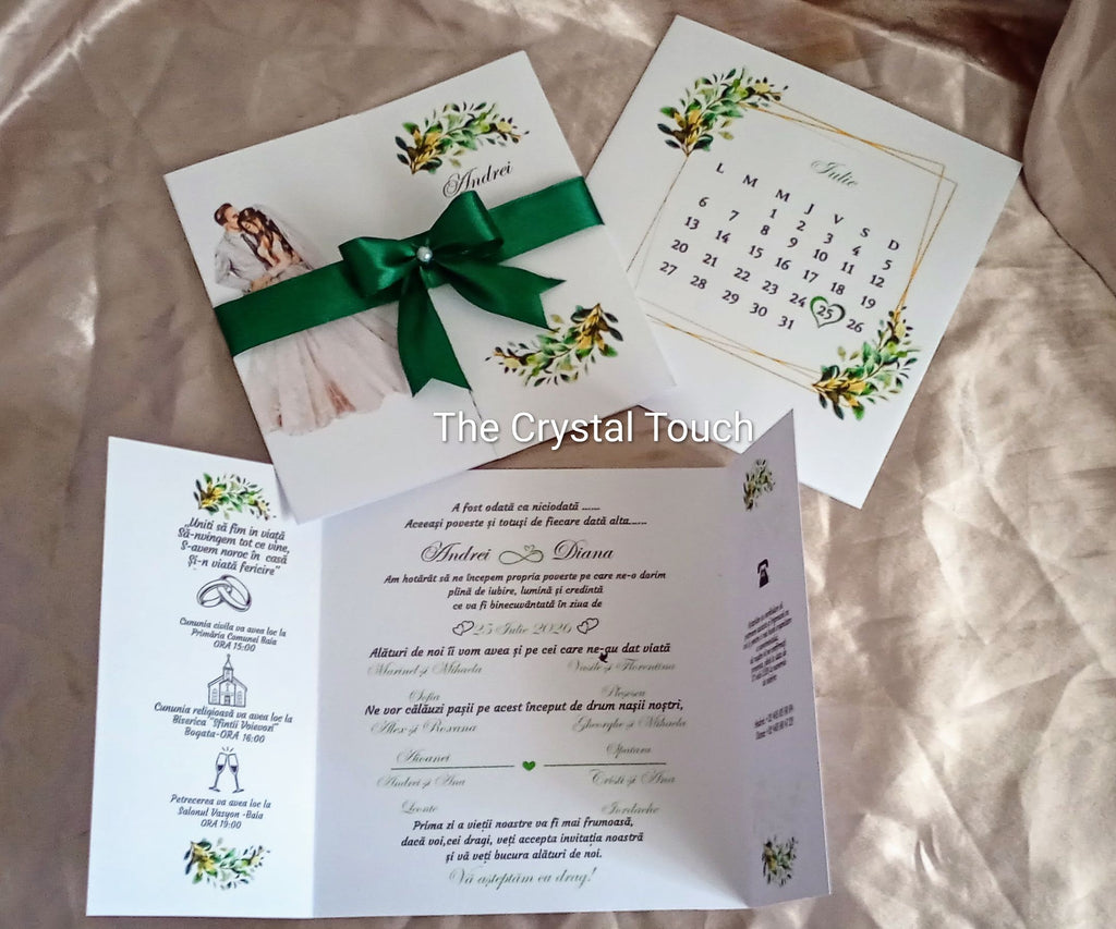 Invitație de nuntă cu fundă verde smarald și calendar personalizat