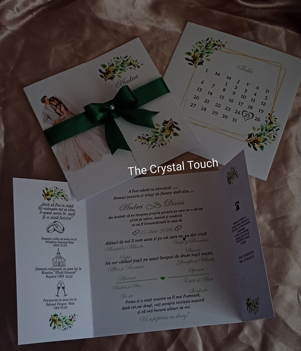 Invitație de nuntă cu fundă verde smarald și calendar personalizat