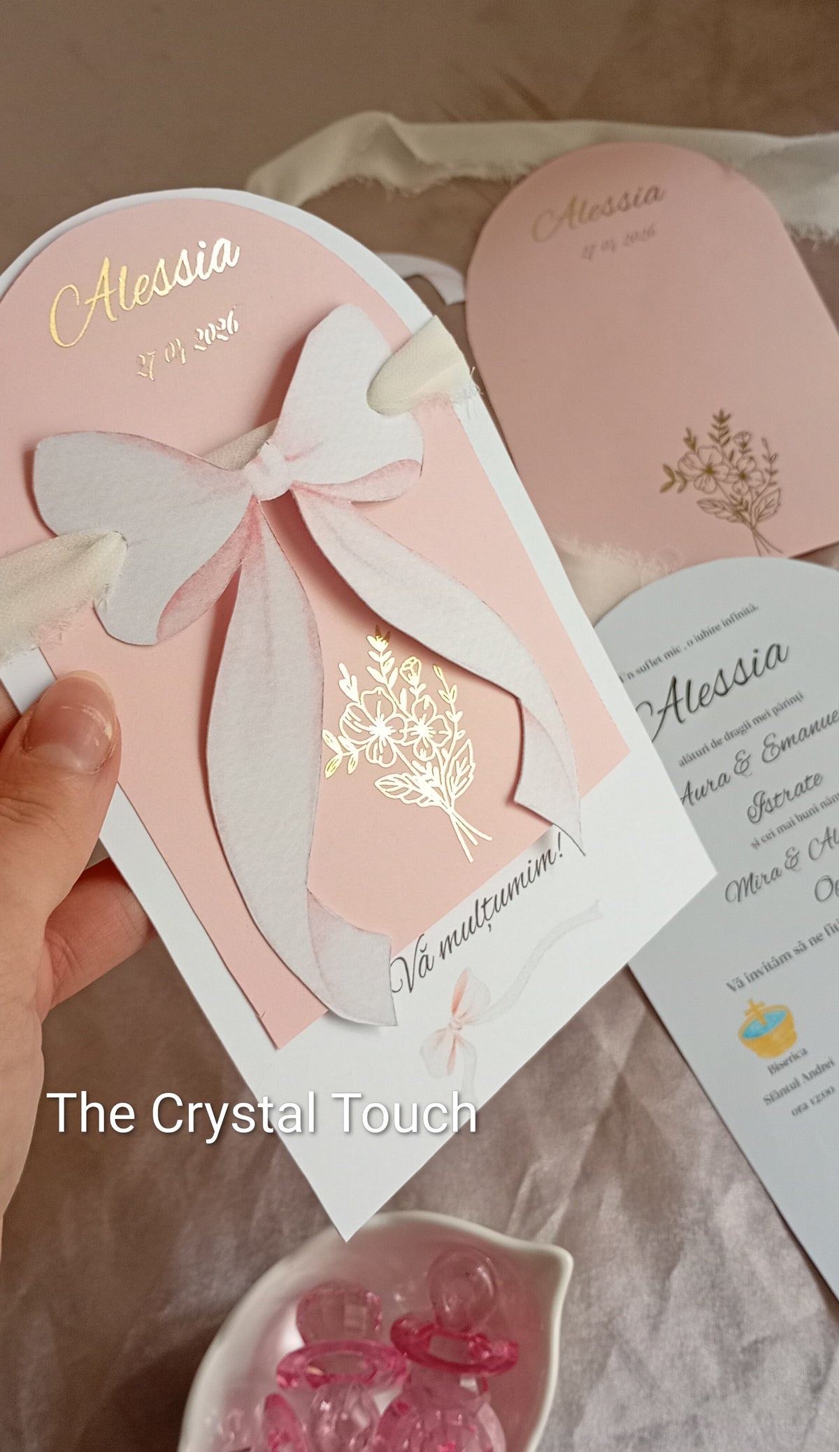 Invitație de botez Sweet Bow – Pink Elegance