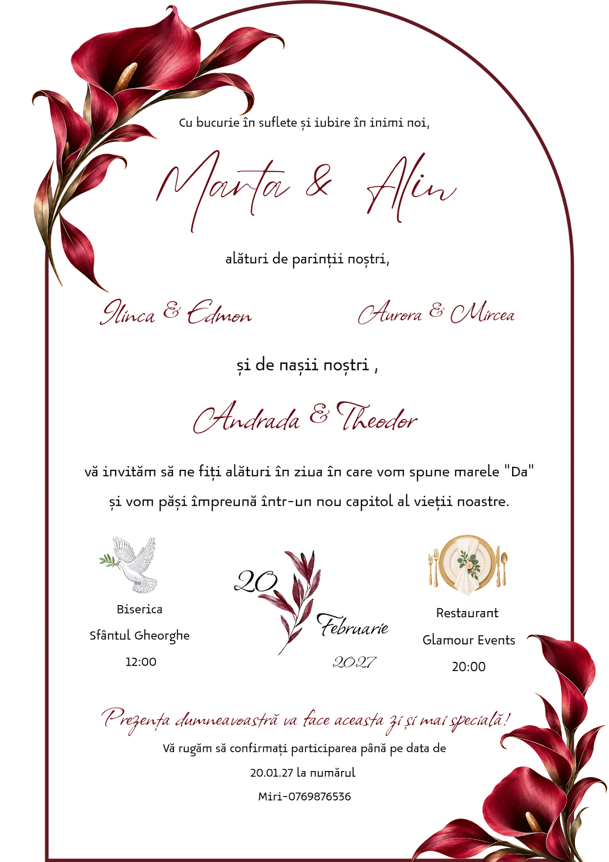 Invitație de nuntă Élégance – Burgundy Calla