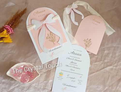 Invitație de botez Sweet Bow – Pink Elegance