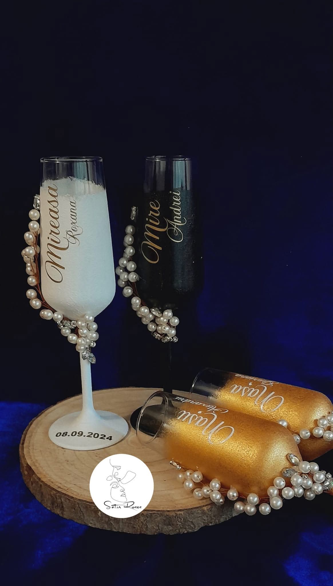 Pahare de nuntă personalizate cu perle și decor elegant