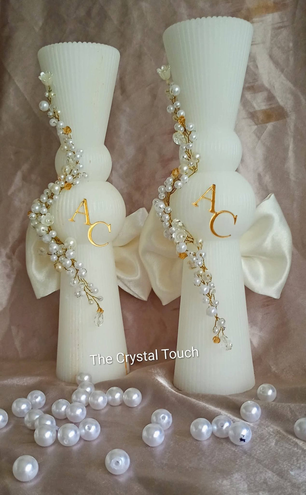 Set lumânări „Pearl & Gold” – Bride & Groom