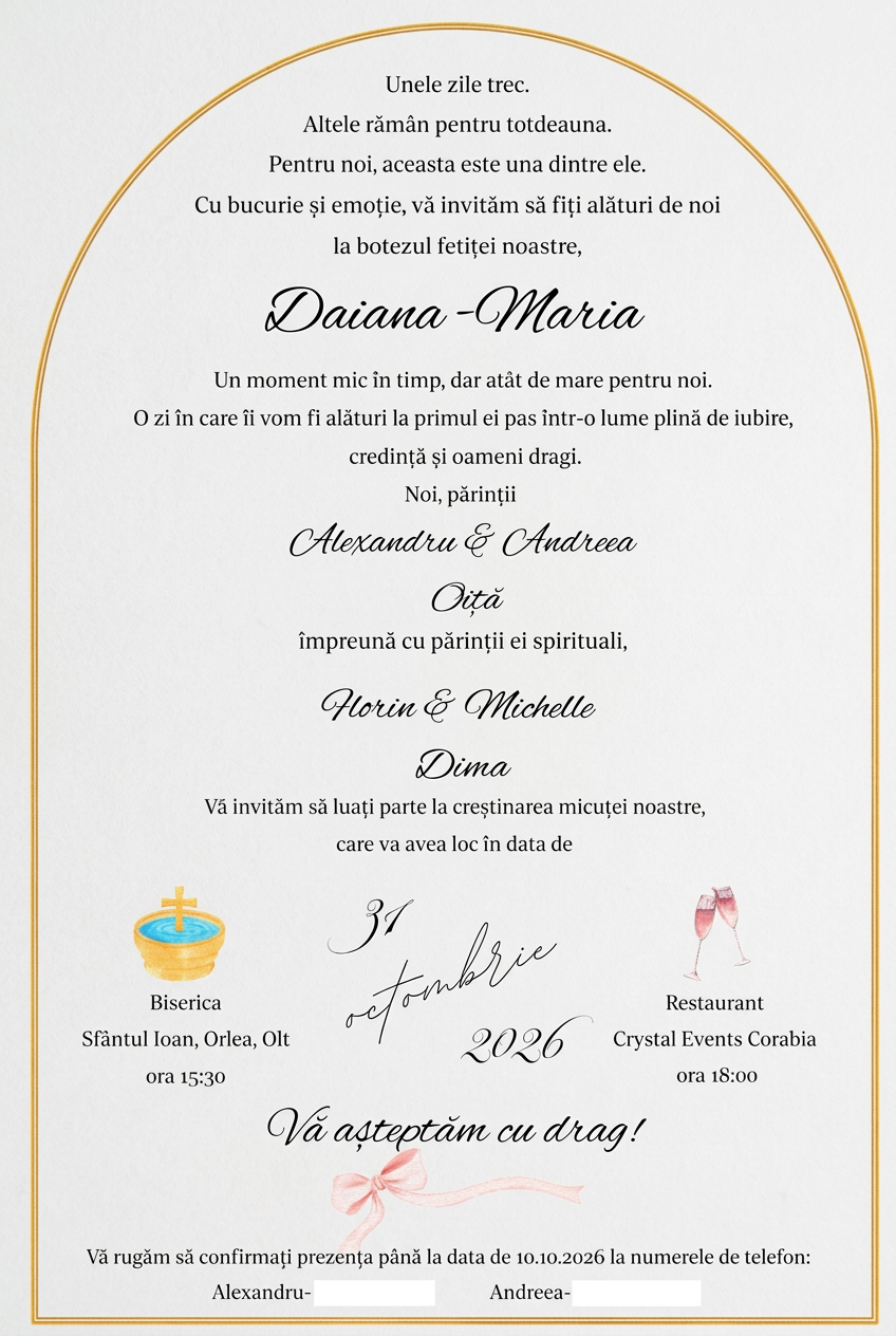 Invitație de botez Sweet Bow – Pink Elegance