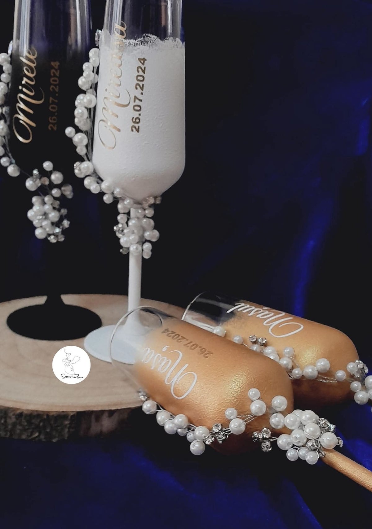 Pahare de nuntă personalizate cu perle și decor elegant