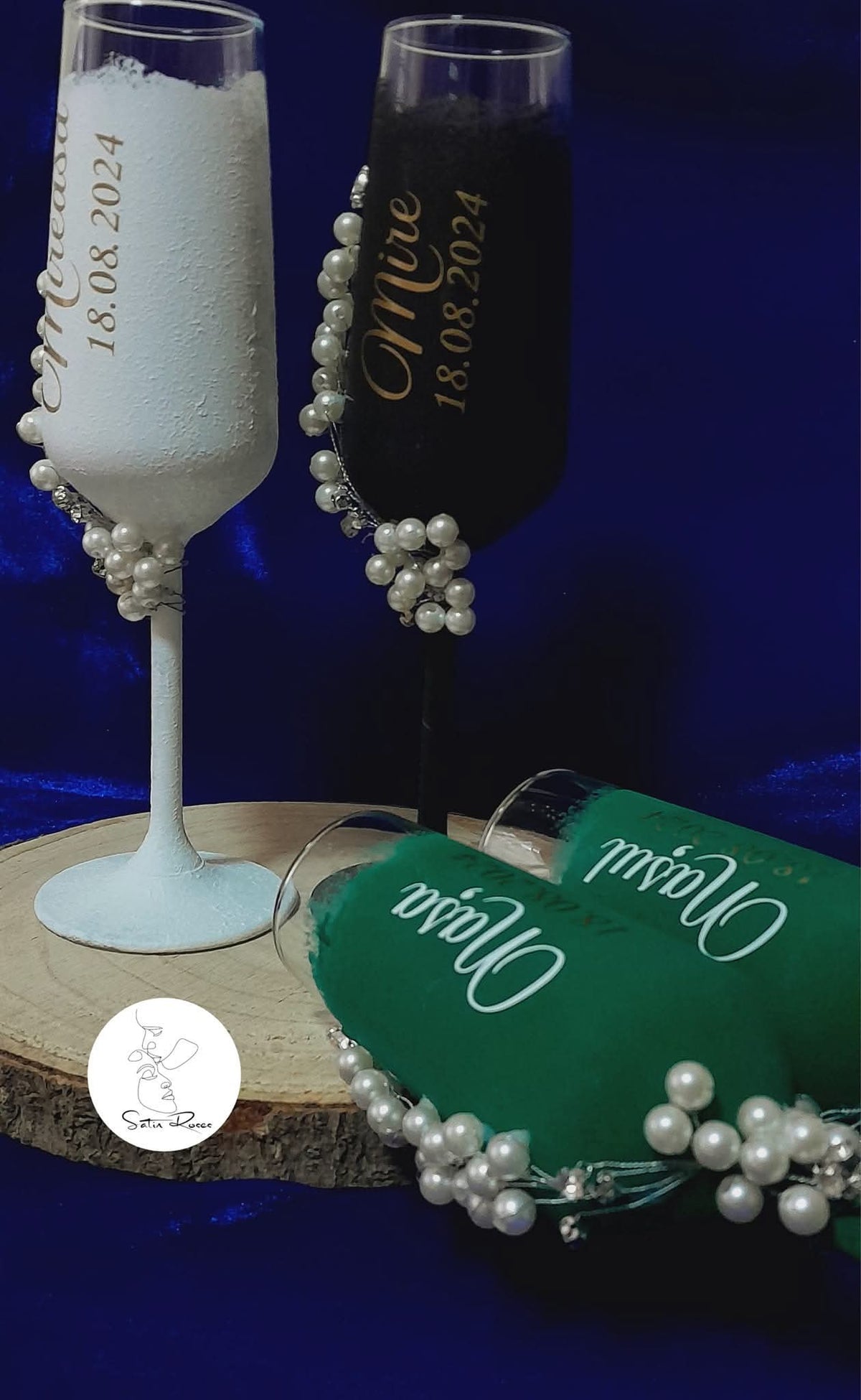 Pahare de nuntă personalizate cu perle și decor elegant