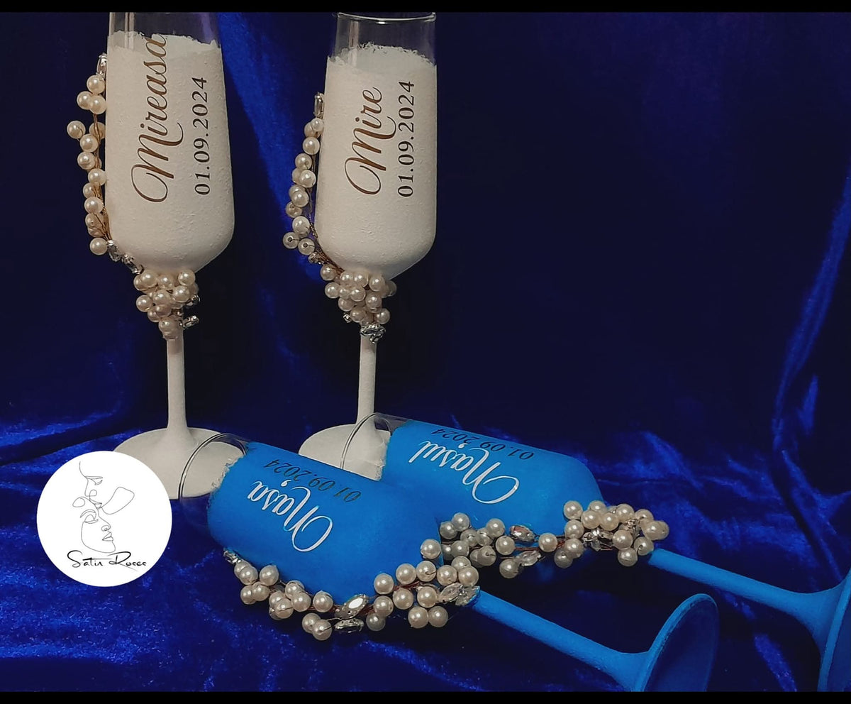 Pahare de nuntă personalizate cu perle și decor elegant